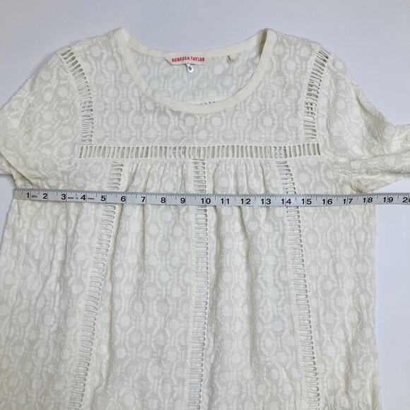 Rebecca Taylor White Silk Eyelet Boho 3/4 Sleeve Blouse Round Neck Flowy Sz 8 - Picture 6 of 9